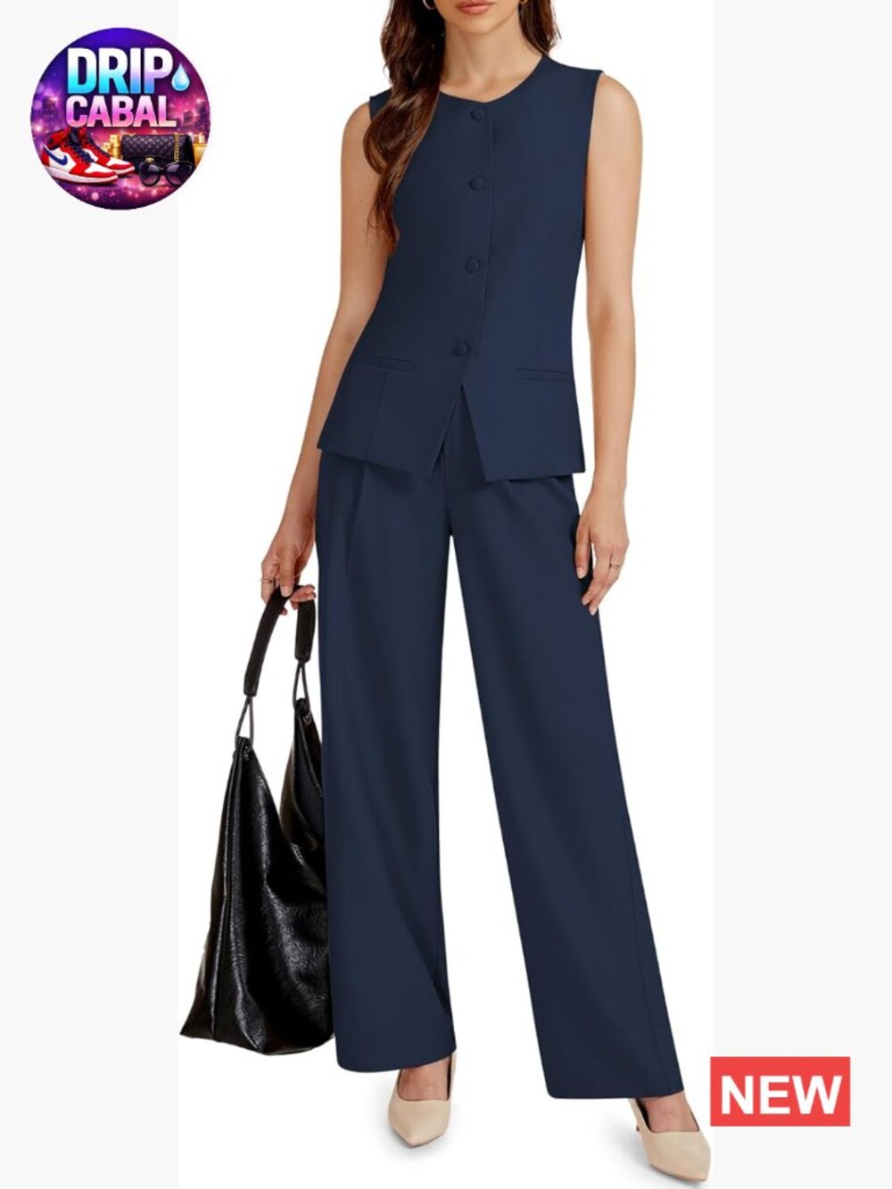 2 Piece Vest & Wide Leg Pants Business Casual Suit Set Sleeveless Blazer